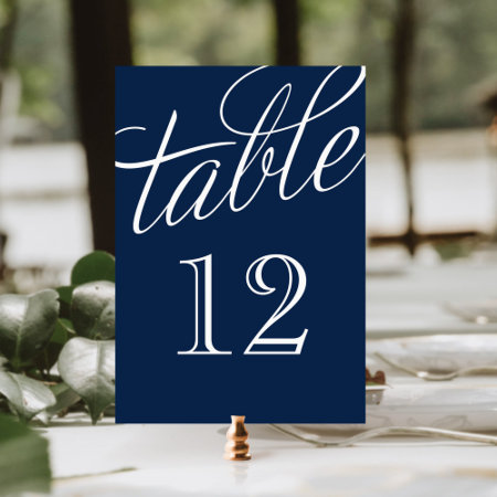 Navy Blue And White Elegant Script Table Numbers