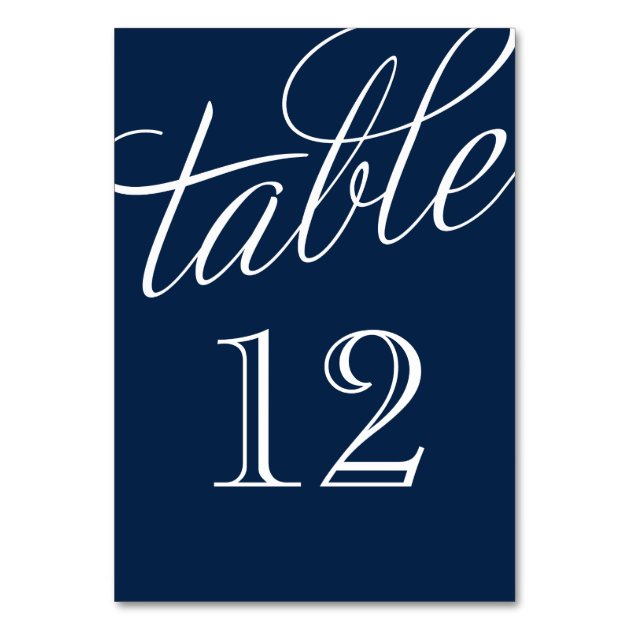 Navy Blue And White Elegant Script Table Numbers Card