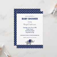 Navy Blue and White Elephant Polka Dot Baby Shower Invitation