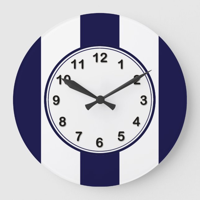 Navy Blue and White Extra Large Stripe Pattern Clock (Front)