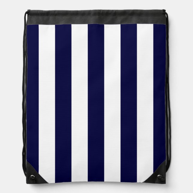 Navy Blue and White Extra Large Stripe Pattern Drawstring Bag (Front)