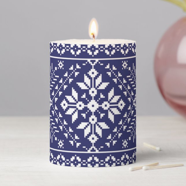 Navy Blue and White Fair Isle Christmas Pillar Candle (In Situ)
