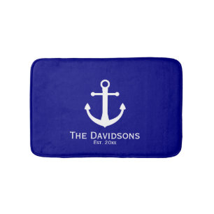 Navy Blue and White Family Name and Est. Anchor Bath Mat