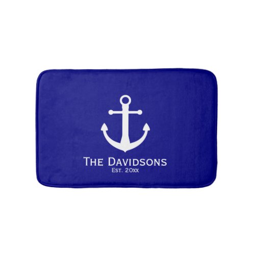Navy Blue and White Family Name and Est Anchor Bath Mat