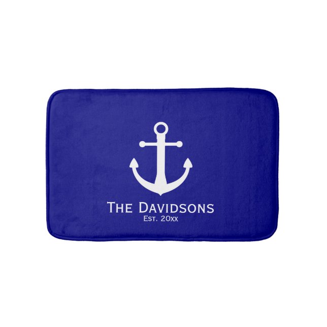 Navy Blue and White Family Name and Est. Anchor Bath Mat (Front)