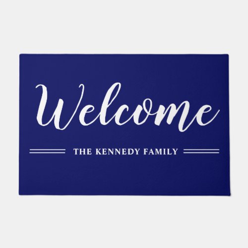 Navy Blue And White Family Name Welcome   Doormat