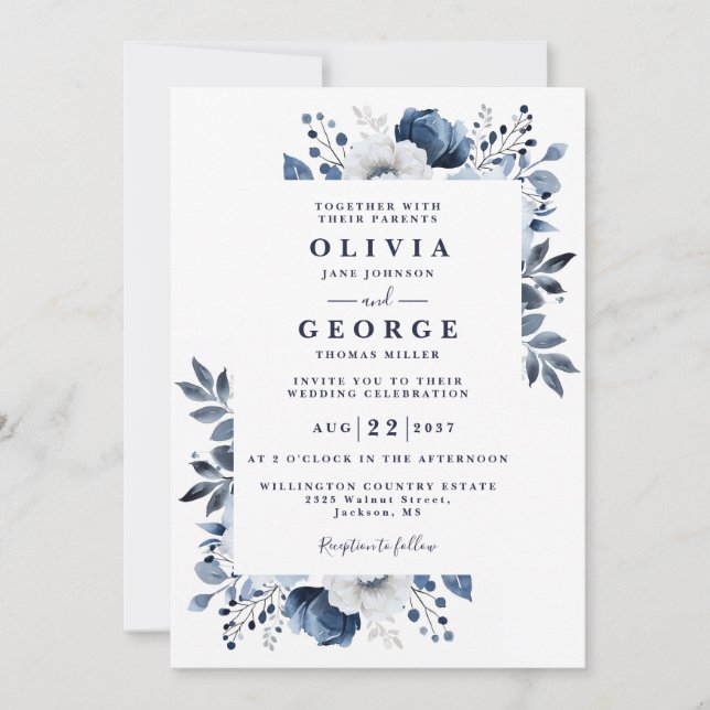 Navy Blue And White Floral All In One Wedding Invitation (Front)