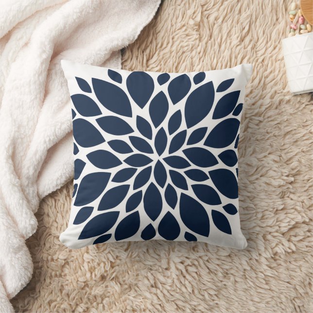 Navy Blue and White Floral Burst Throw Pillow (Blanket)