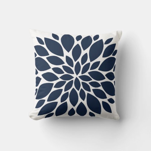 Navy Blue and White Floral Burst Throw Pillow