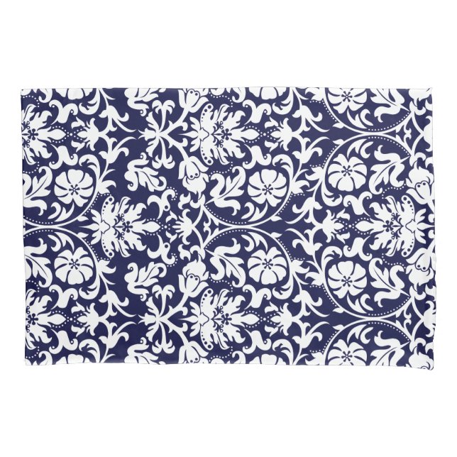Navy Blue and White Floral Damask Pillow Case (Front-Left)