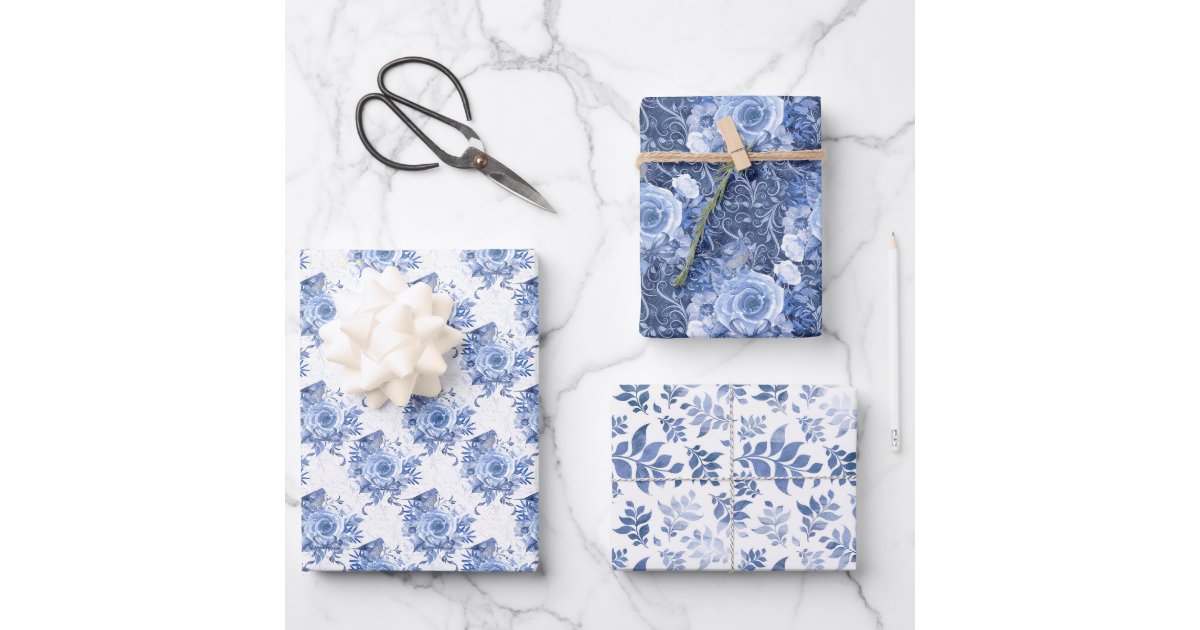 Navy Blue and White Floral Leaf Wrapping Paper Sheets | Zazzle