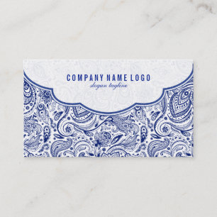 Navy Blue And White Floral Paisley Business Card