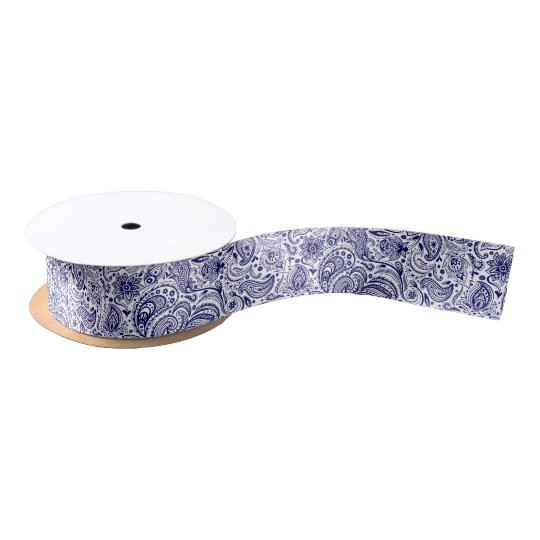 Navy Blue And White Floral Paisley Satin Ribbon | Zazzle.com