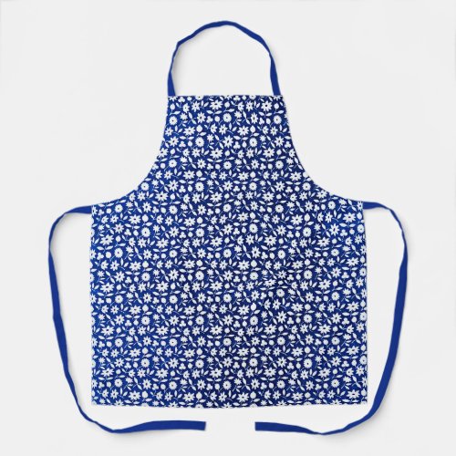 Navy Blue and White Floral Pattern Apron