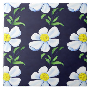 Navy Blue and White Floral Pattern Ceramic Tile