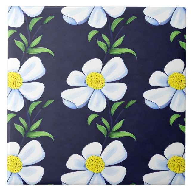 Navy Blue and White Floral Pattern Ceramic Tile (Front)
