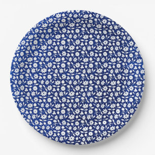 Navy blue and white floral pattern paper plates