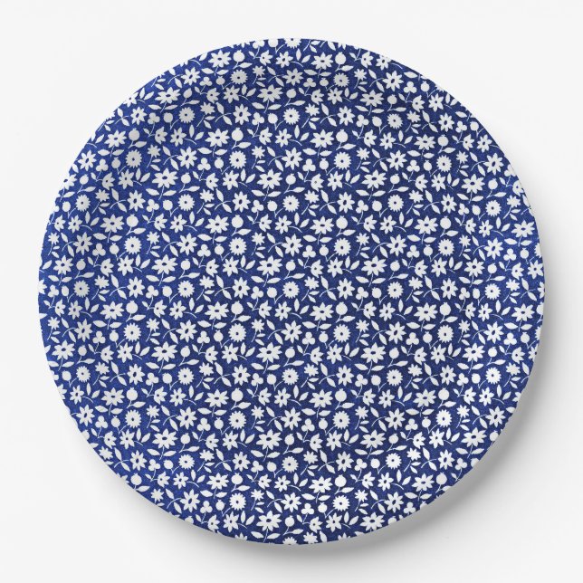 Navy blue and white floral pattern paper plates (Front)