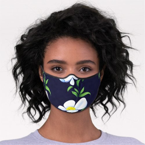 Navy Blue and White Floral Pattern Premium Face Mask