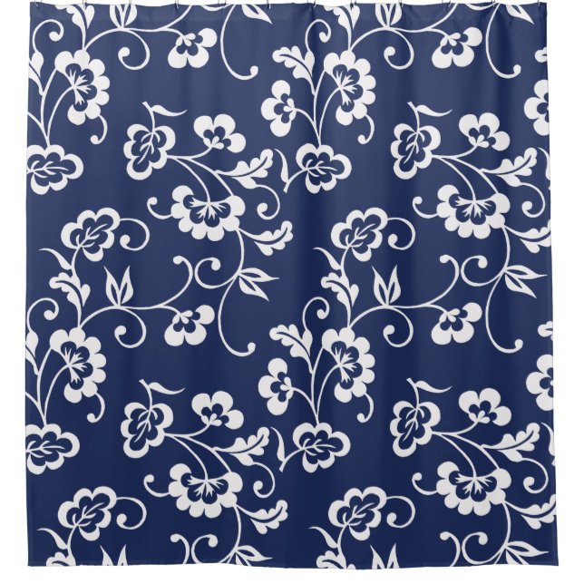 Navy Blue and White Floral Pattern Shower Curtain (Front)