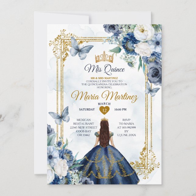 Navy Blue And White Floral Princess Quiñceanera Invitation (Front)