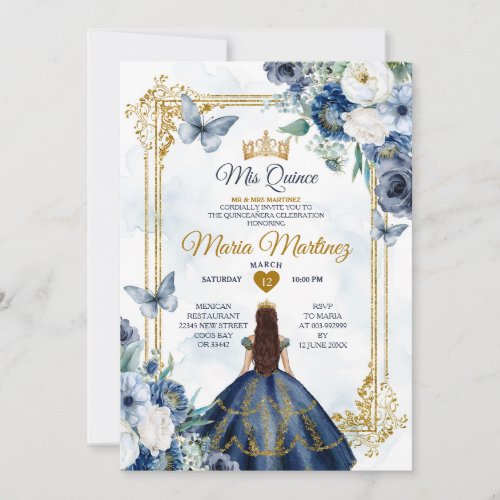 Navy Blue And White Floral Princess Quiceanera Invitation