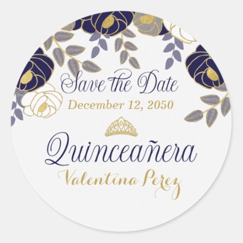 Navy Blue and White Floral Quinceanera Classic Round Sticker