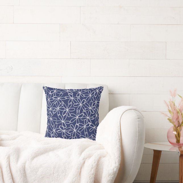 Navy Blue and White Floral Throw Pillow (Couch)
