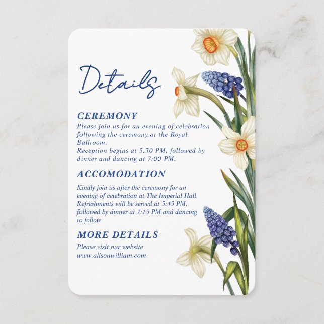 Navy blue and white floral Wedding details Enclosure Card (Front)