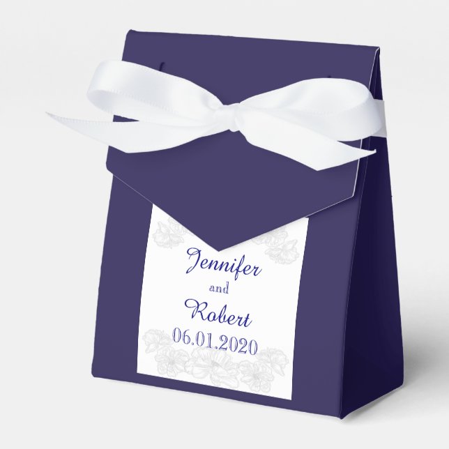 Navy Blue and White Floral Wedding Favor Box (Front Side)
