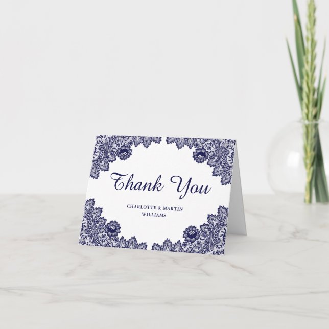 Navy Blue and White Floral Wedding Thank You Card (Front)