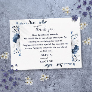 Navy Blue And White Floral Wedding Thank You Place Card