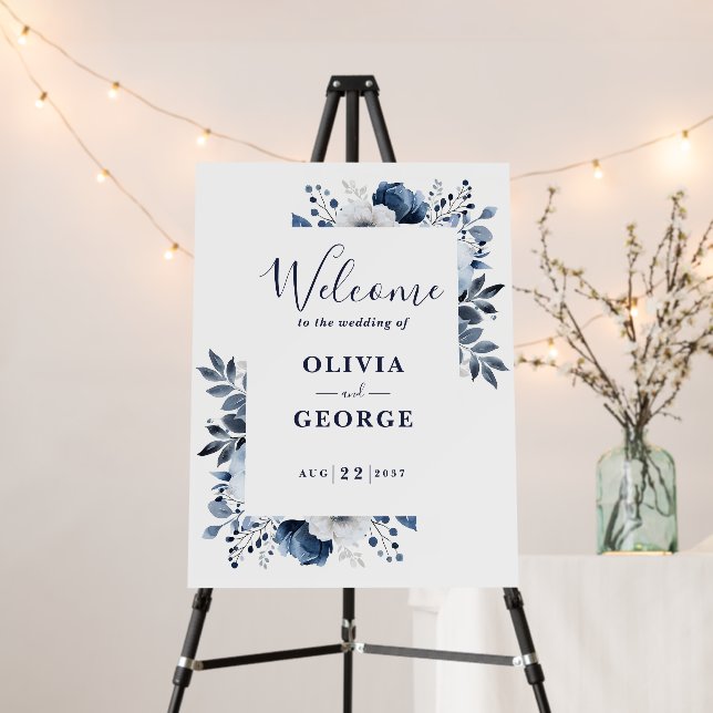 Navy Blue And White Floral Wedding Welcome Sign (In Situ (Stand))