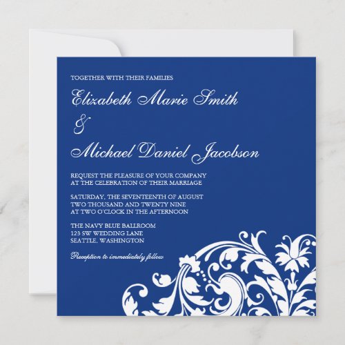 Navy Blue and White Flourish Swirl Wedding Invite
