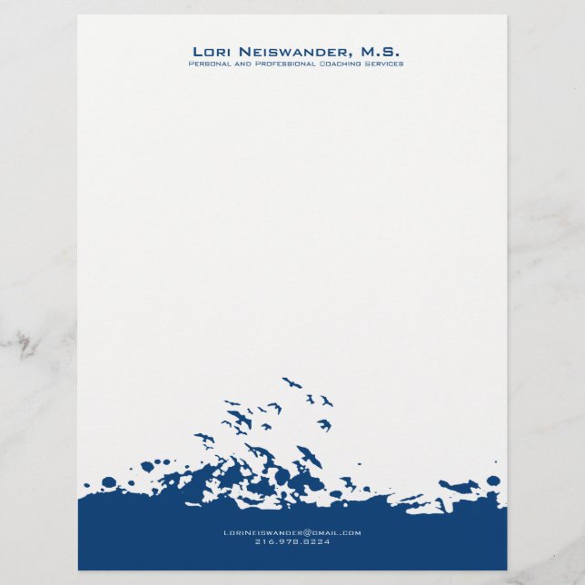 Navy Blue And White Flying Birds Illustration Letterhead (Front)