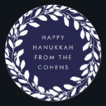 Navy Blue and White Foliage Wreath Happy Hanukkah Classic Round Sticker<br><div class="desc">These simple and elegant Happy Hanukkah stickers feature a wreath of trendy white foliage and leaves,  with modern white text on a dark,  navy blue background.</div>