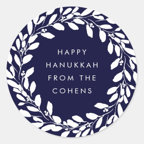 Navy Blue and White Foliage Wreath Happy Hanukkah Classic Round Sticker