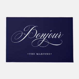 Navy Blue and White French Script   Bonjour Doormat