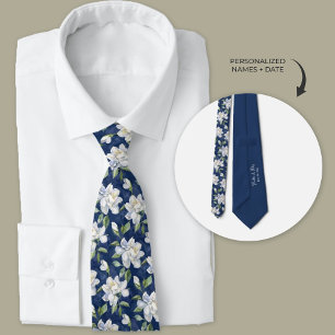 Navy Blue and White Gardenia Floral Neck Tie