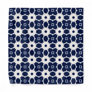 Navy Blue and White Geometric Floral Bandana
