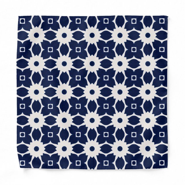 Navy Blue and White Geometric Floral Bandana (Front)