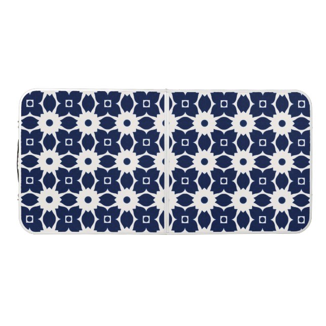 Navy Blue and White Geometric Floral Beer Pong Table (Top)