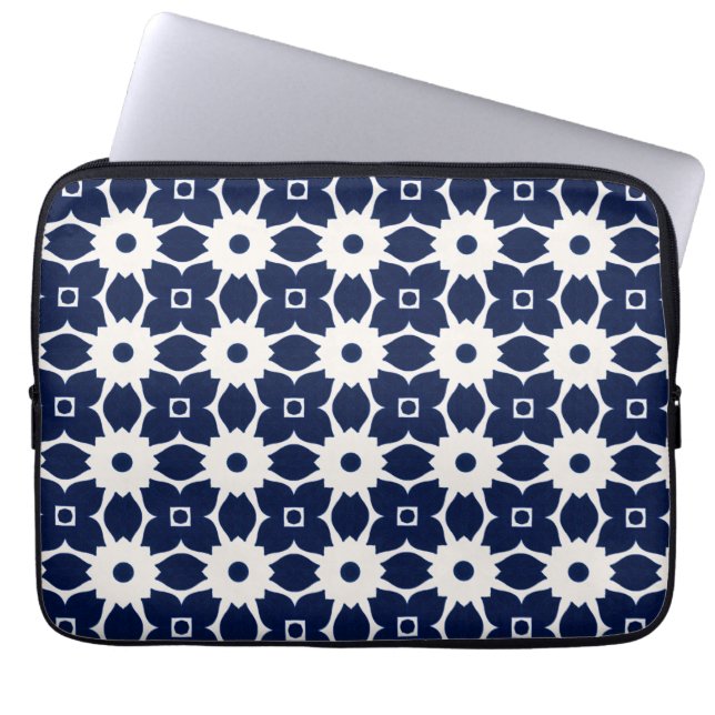 Navy Blue and White Geometric Floral Laptop Sleeve (Front)