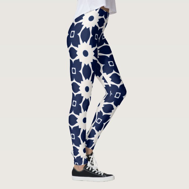 Navy Blue and White Geometric Floral Leggings (Right)