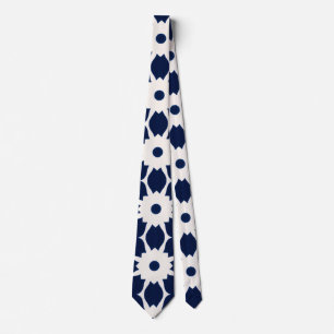 Navy Blue and White Geometric Floral Neck Tie