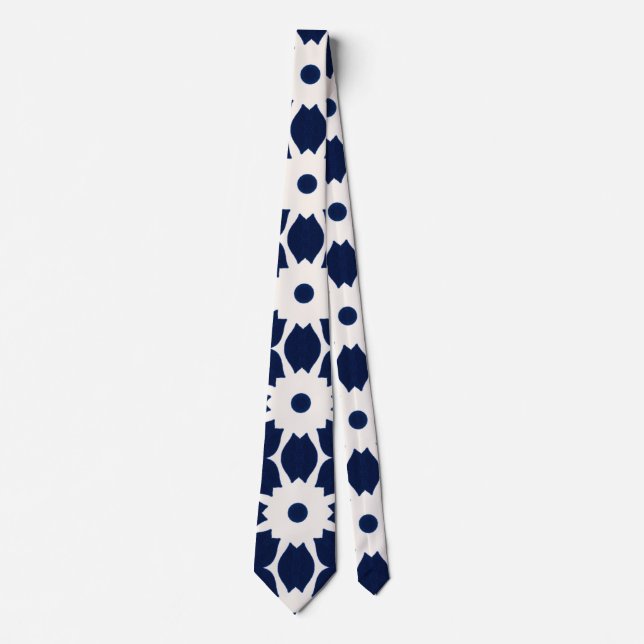 Navy Blue and White Geometric Floral Neck Tie (Front)