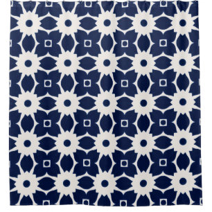 Navy Blue and White Geometric Floral Shower Curtain