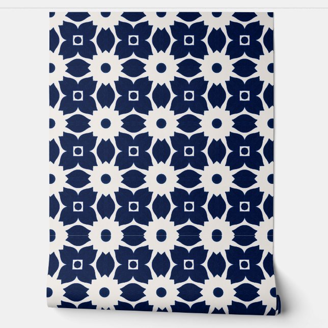 Navy Blue and White Geometric Floral Wallpaper (Unrolling)