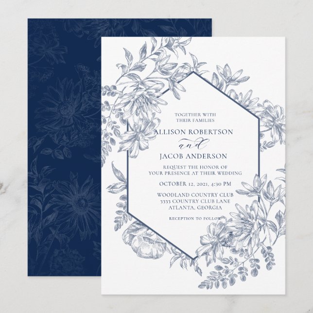 Navy Blue and White Geometric Floral Wedding Invitation (Front/Back)