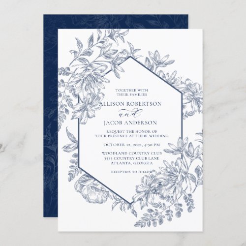 Navy Blue and White Geometric Floral Wedding Invitation